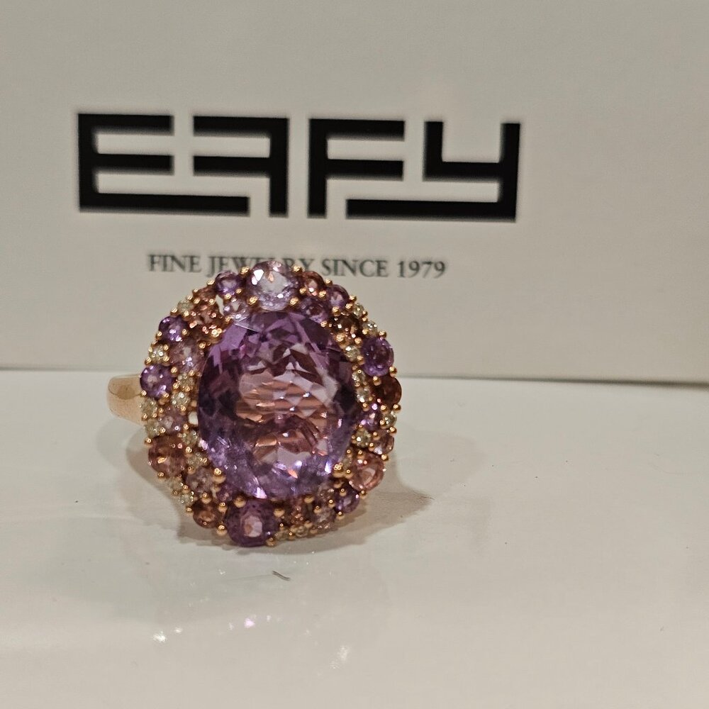 EFFY Collection 14K Rose Gold Amethyst and Multi Gems Cocktail Ring, size 9